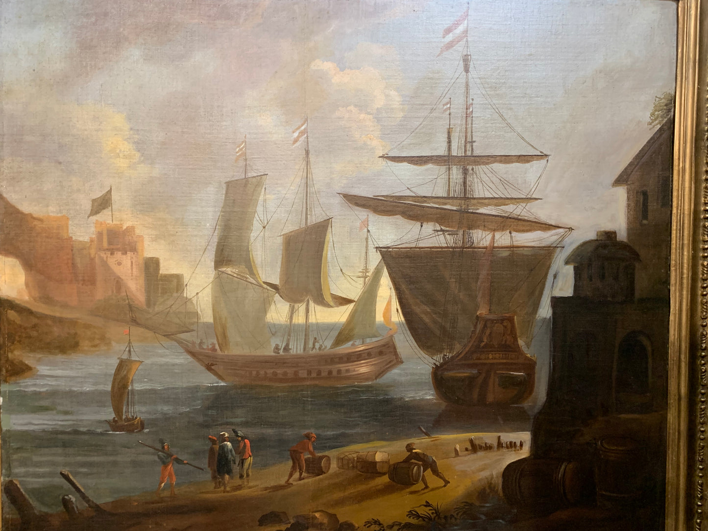 Large Marine painting with Ships in the port.   Late 18th century.