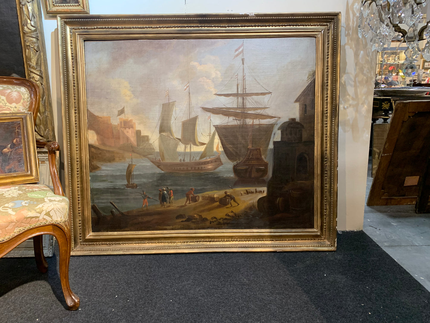 Large Marine painting with Ships in the port.   Late 18th century.