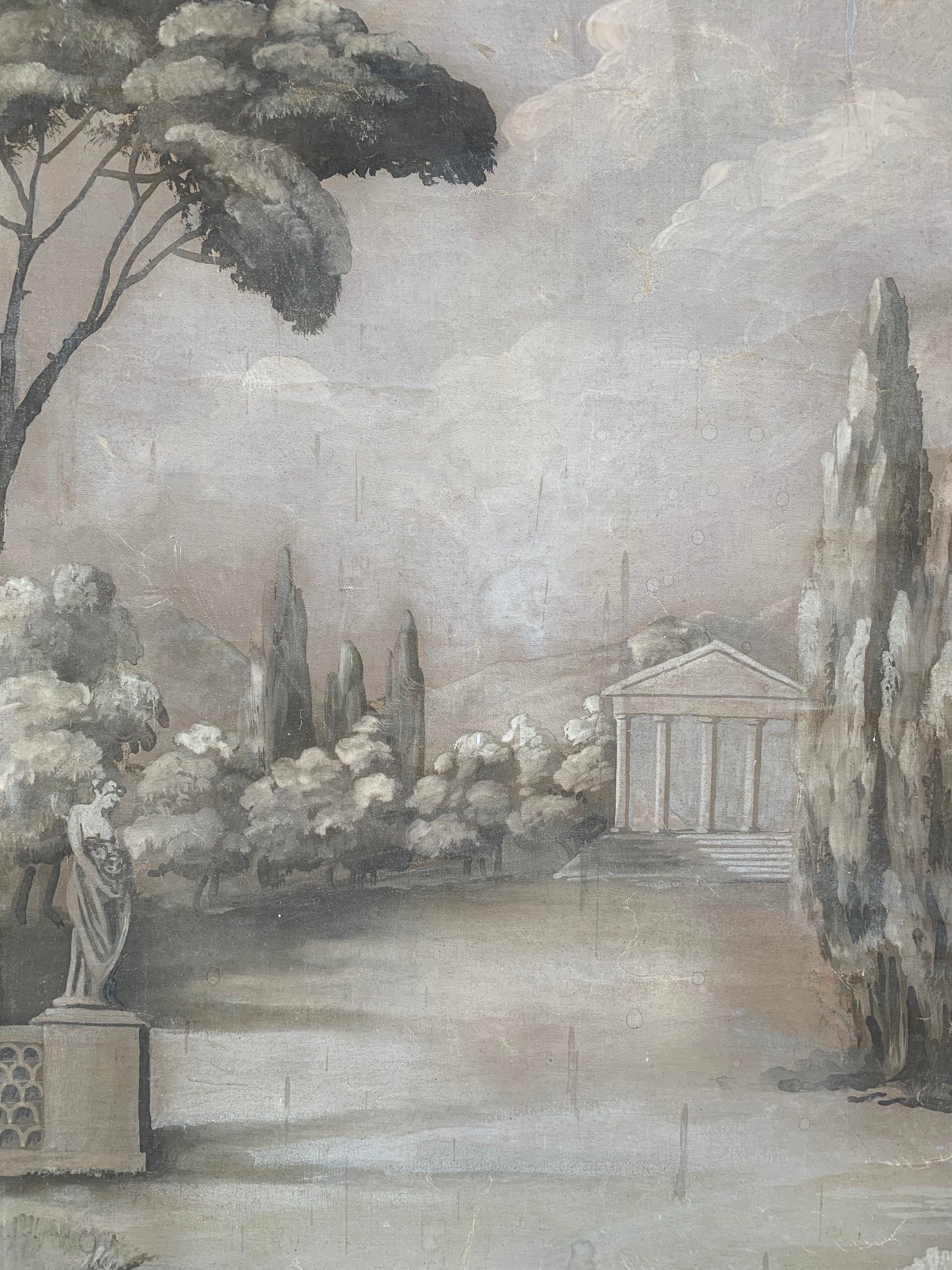 Monochrome painting with classical temple and cypresses.  Late 18th century.