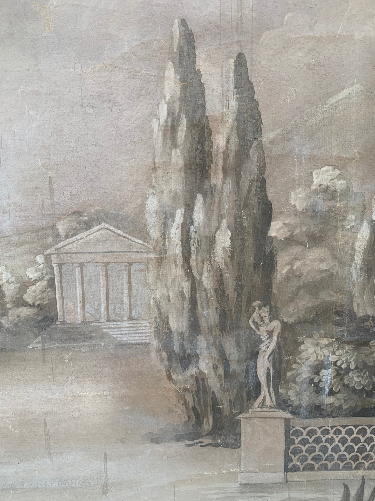 Monochrome painting with classical temple and cypresses.  Late 18th century.