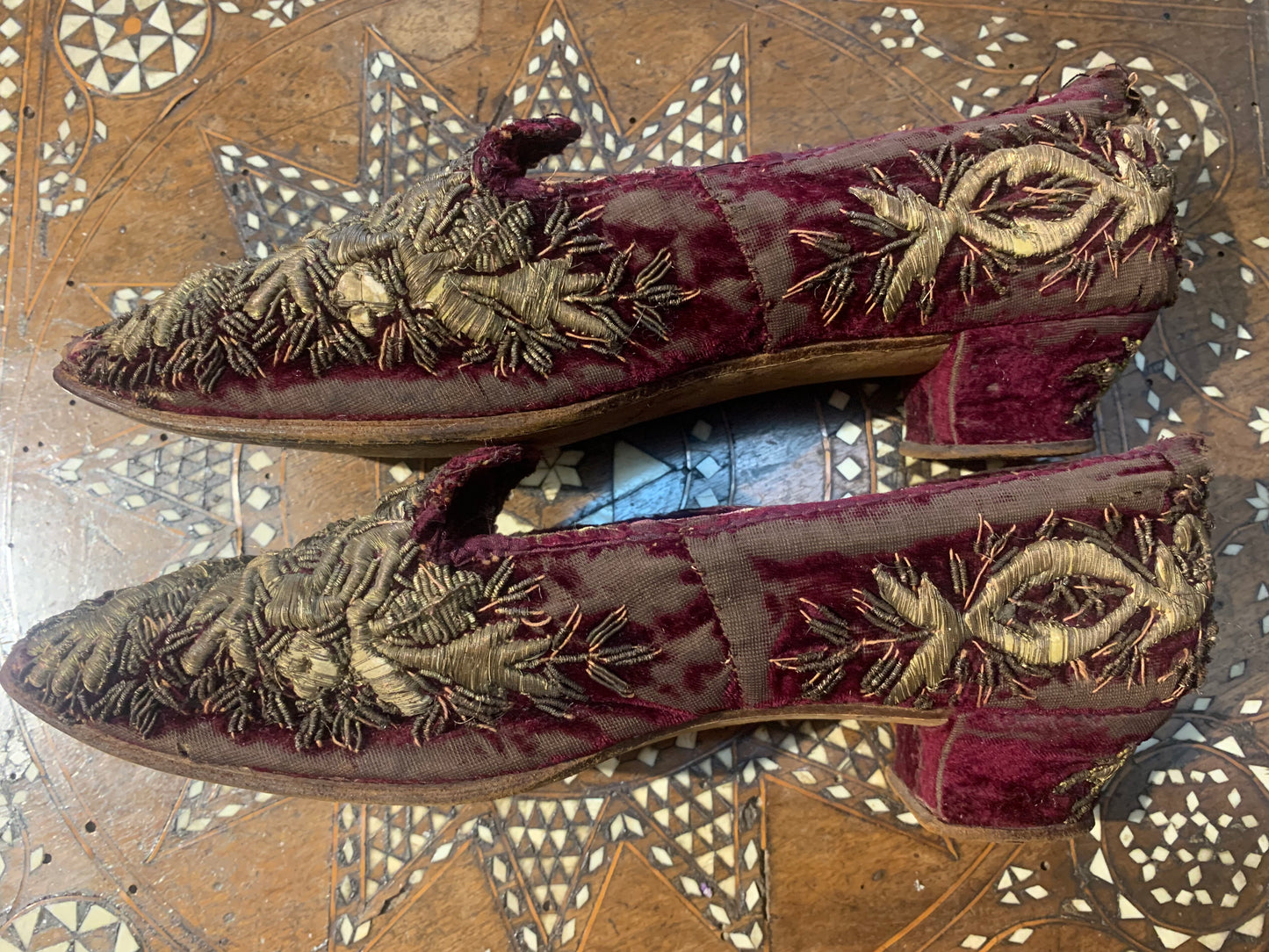 Ottoman empire slippers with gold thread padded embroidery. XIX century.