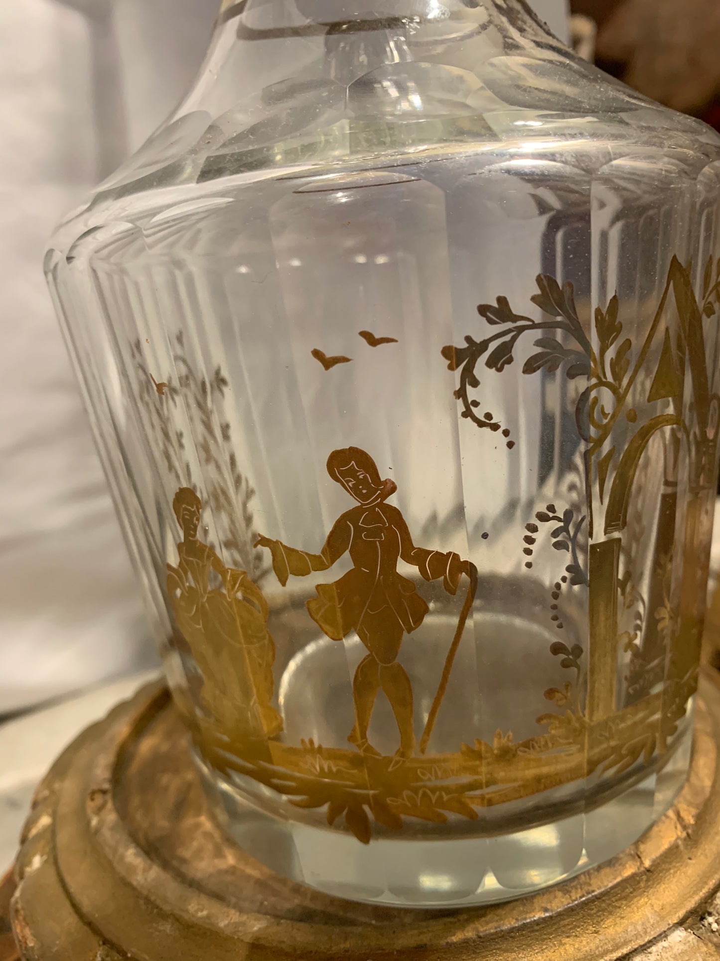 Gold-painted glass carafe with gallant scenes. Italy. Late 19th century