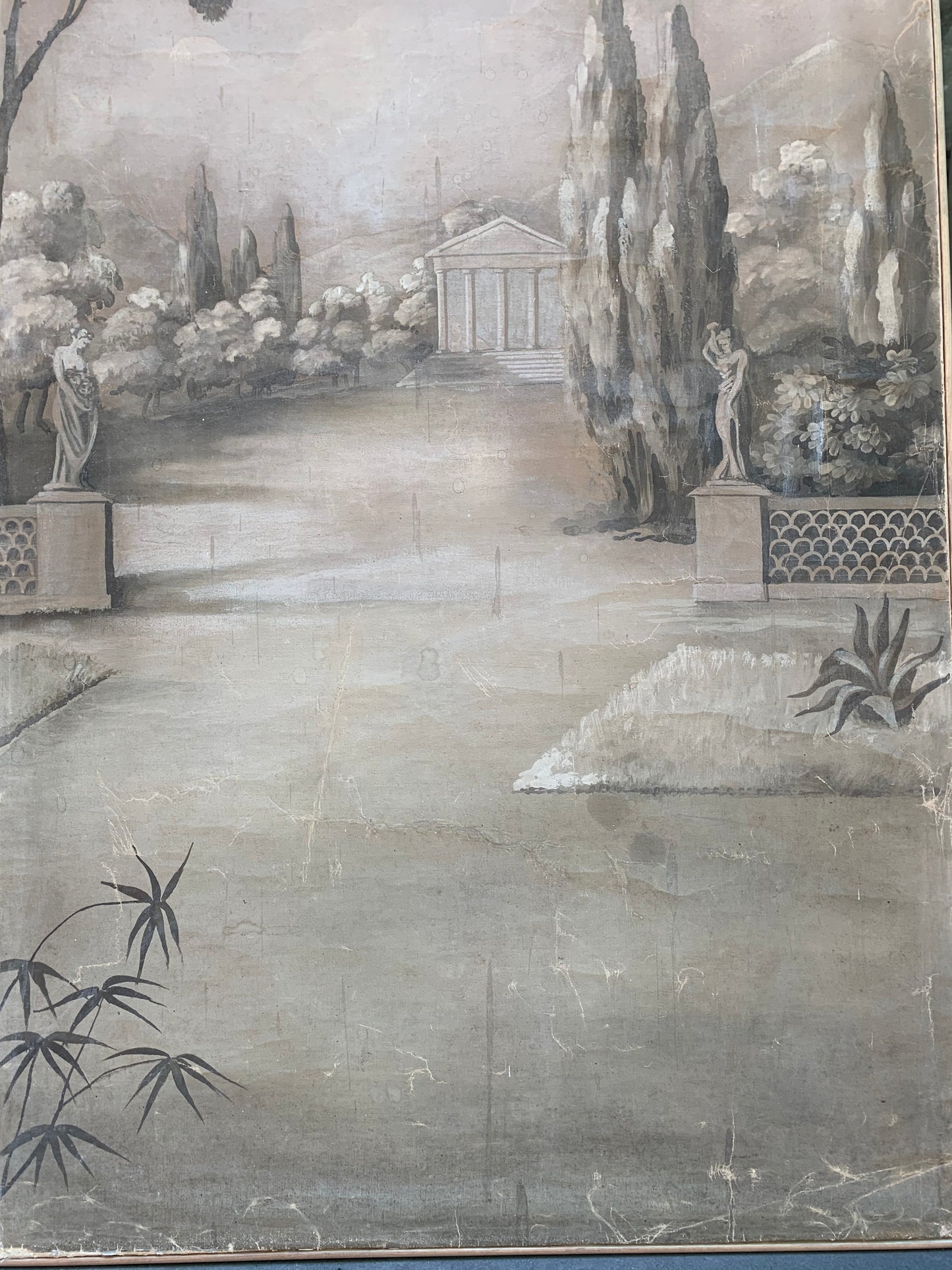 Monochrome painting with classical temple and cypresses.  Late 18th century.