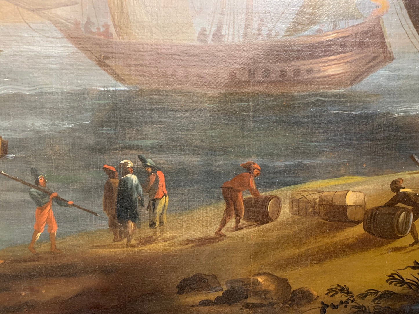 Large Marine painting with Ships in the port.   Late 18th century.