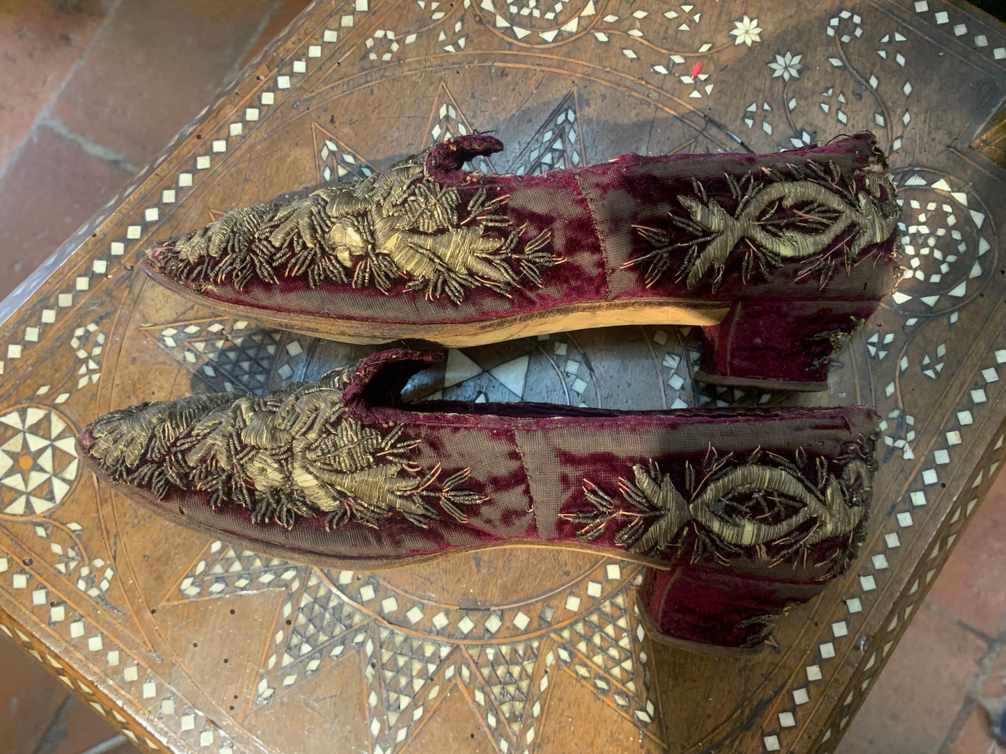 Ottoman empire slippers with gold thread padded embroidery. XIX century.