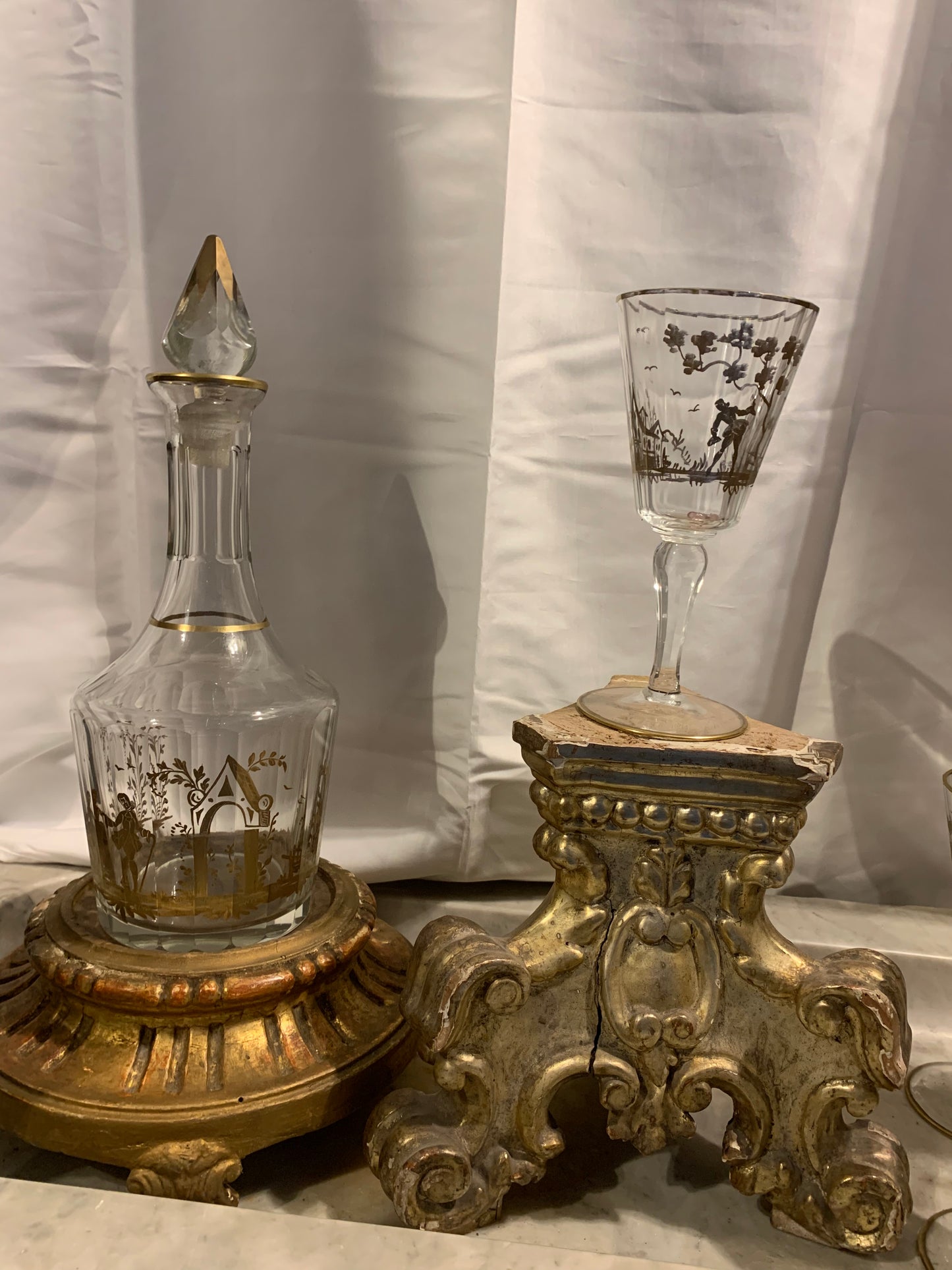 Gold-painted glass carafe with gallant scenes. Italy. Late 19th century