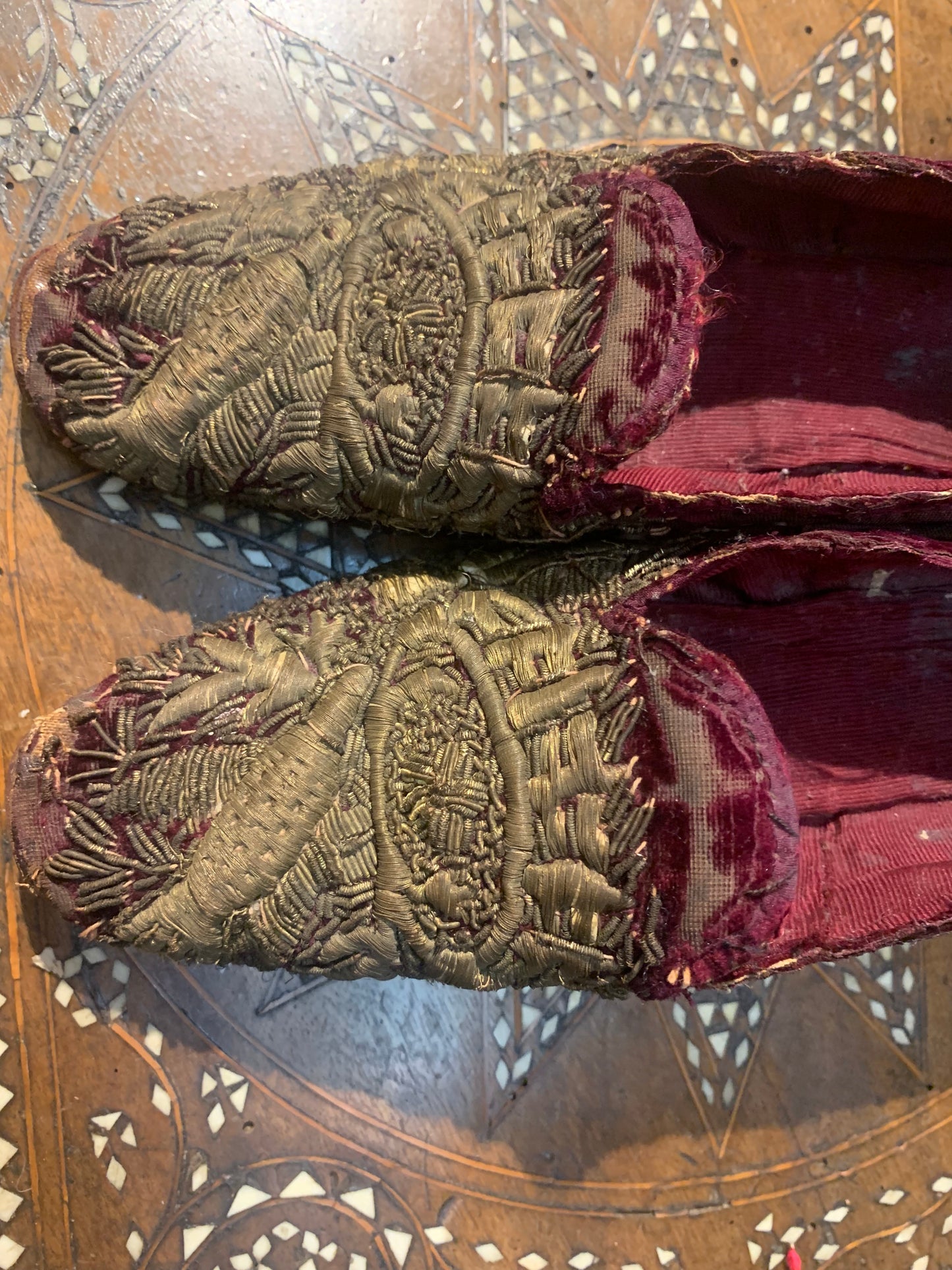 Ottoman empire slippers with gold thread padded embroidery. XIX century.