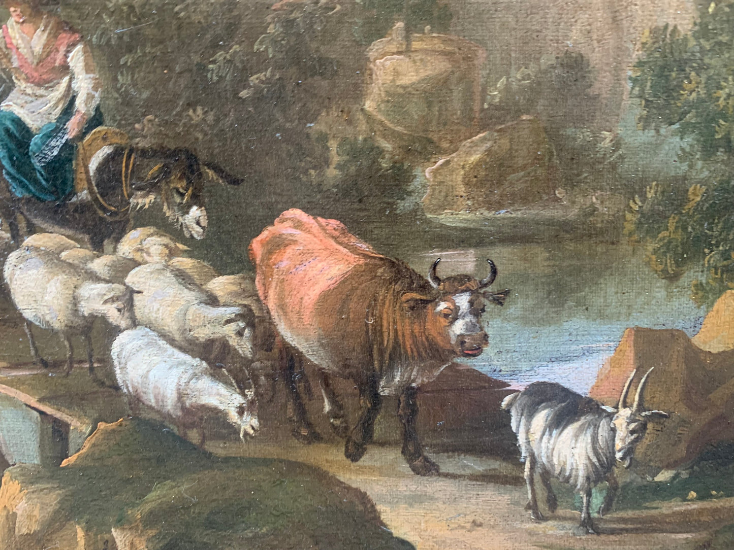 XVIII century. Pastoral landscape with shepherds, bridge and rocky lanscape.