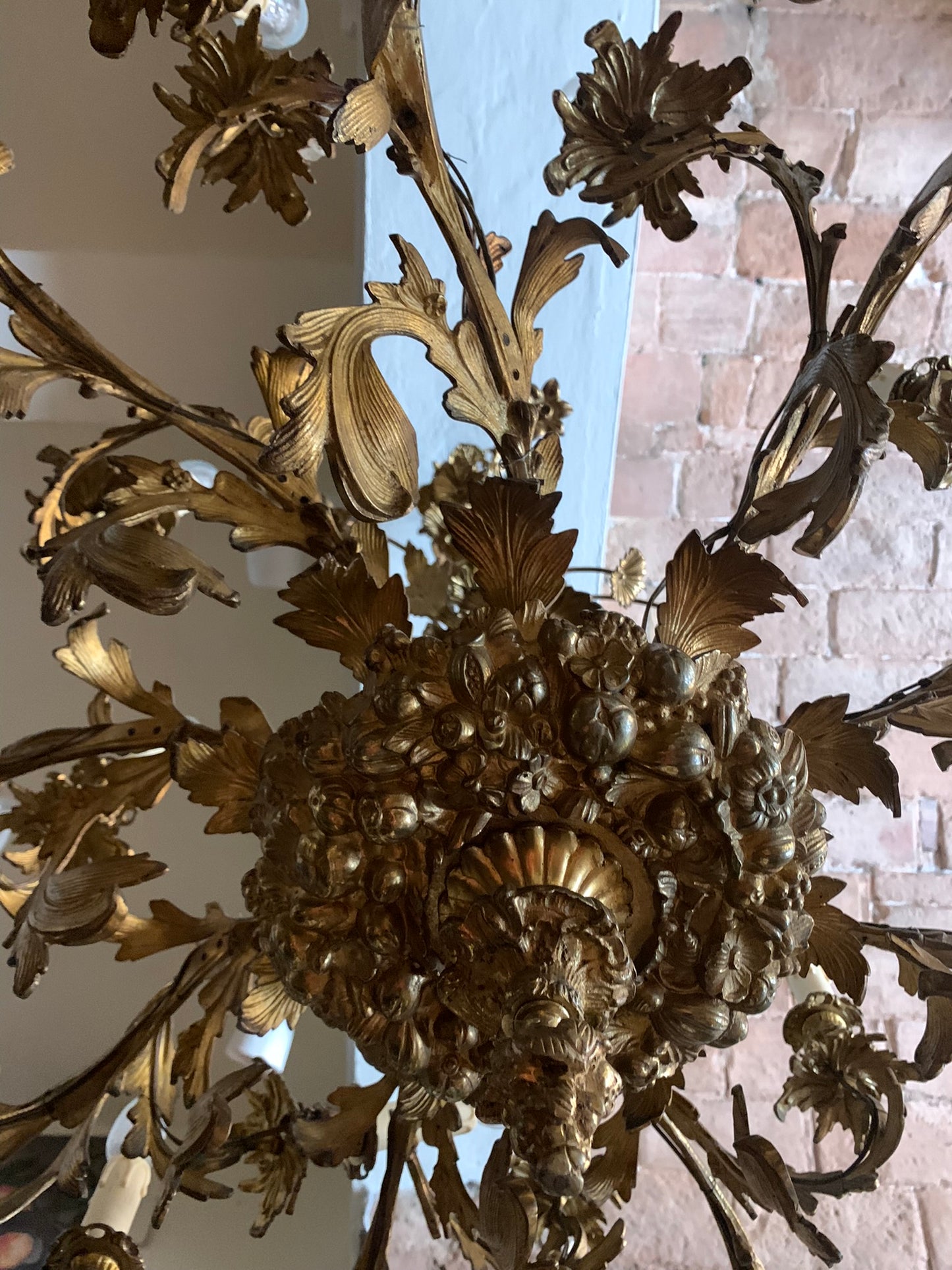 Gilded bronze chandelier with daffodils and fruits.  Mid 19th century
